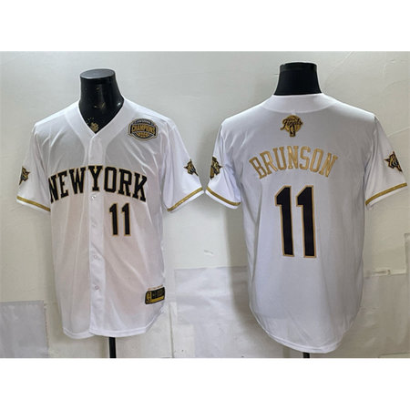 Men's New York Knicks #11 Jalen Brunson White Gold 2026 Finals & Eastern Conference Champions Patch Stitched Baseba...