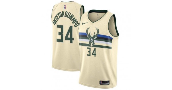 Men's Milwaukee Bucks Giannis Antetokounmpo #34 Nike Cream Swingman Jersey - City Edition - Image 2