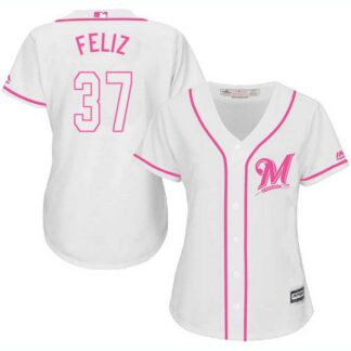 Women Milwaukee Brewers #37 Neftali Feliz White Pink New Cool Base Jersey JiaSu