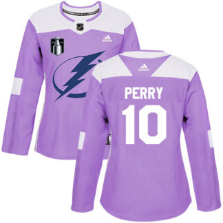 Adidas Tampa Bay Lightning #10 Corey Perry Purple Women’s Authentic 2022 Stanley Cup Final Patch Fights Cancer Stit...
