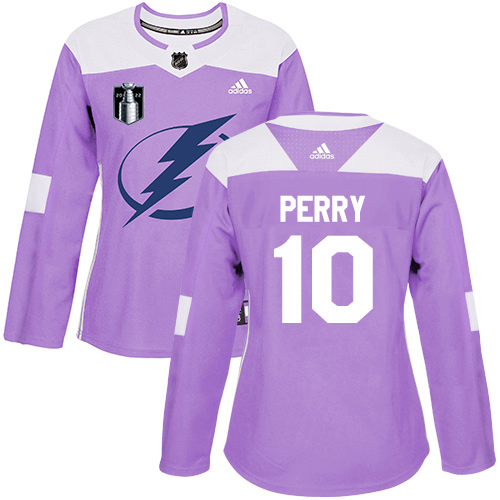 Adidas Tampa Bay Lightning #10 Corey Perry Purple Women’s Authentic 2022 Stanley Cup Final Patch Fights Cancer Stit...