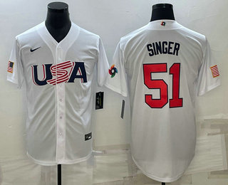 Men’s USA Baseball #51 Brady Singer 2023 White World Baseball Classic Stitched Jerseys