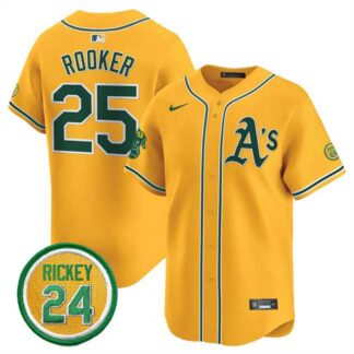 Men's Oakland Athletics #25 Brent Rooker Yellow 2024 Limited With Rickey Henderson Patch Stitched Jersey Dzhi