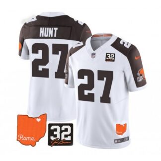 Men's Cleveland Browns #27 Kareem Hunt White/Brown 2023 F.U.S.E. With Jim Brown Memorial Patch Vapor Untouchable Li...