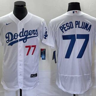 Men's Los Angeles Dodgers #77 Peso Pluma Number White Stitched Flex Base Nike Jersey