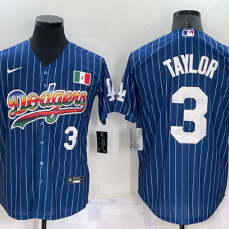 Men's Los Angeles Dodgers #3 Chris Taylor Number Rainbow Blue Red Pinstripe Mexico Cool Base Nike Jersey