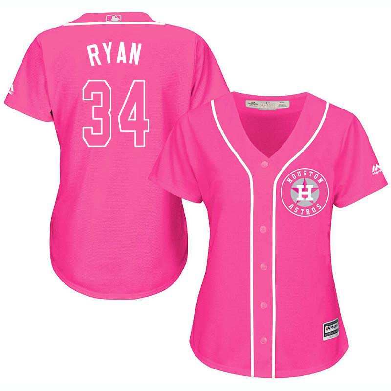 Glued Women's Houston Astros #34 Nolan Ryan Pink New Cool Base Jersey WEM