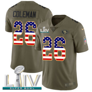 Nike San Francisco 49ers #26 Tevin Coleman Olive/USA Flag Super Bowl LIV 2020 Men’s Stitched NFL Limited 2017 Salut...
