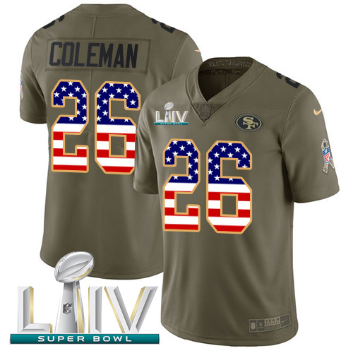 Nike San Francisco 49ers #26 Tevin Coleman Olive/USA Flag Super Bowl LIV 2020 Men’s Stitched NFL Limited 2017 Salut...