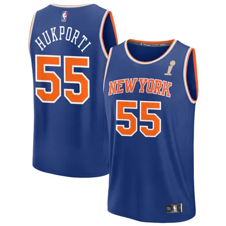 Men's New York Knicks #55 Ariel Hukporti Blue 2026 NBA Finals Champions Fast Break Icon Edition Jersey