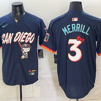 Men's San Diego Padres X Hello Kitty #3 Jackson Merrill Obsidian 2026 City Connect Stadium Stitched Baseball Jersey