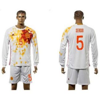 Spain #5 Sergio White Away Long Sleeves Soccer Country Jersey
