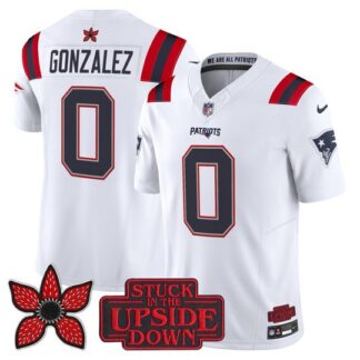 Men's & Women's & Youth New England Patriots #0 Christian Gonzalez White F.U.S.E. 2025 'Stranger Things Edition' Va...