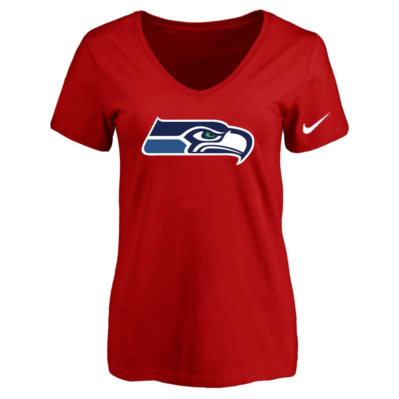 Women's Seattle Seahawks Red Logo V neck T-Shirt FengYun