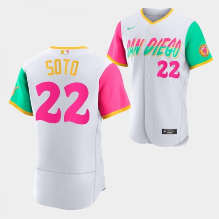 Men's San Diego Padres #22 Juan Soto 2022 White City Connect Flex Base Stitched Baseball Jersey RO5I