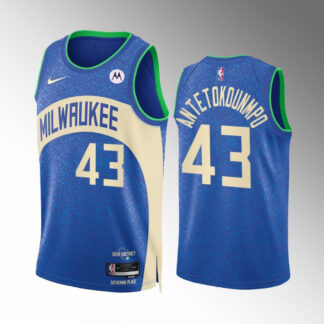Men's Milwaukee Bucks #43 Thanasis Antetokounmpo Blue 2023-24 City Edition Stitched Basketball Jersey