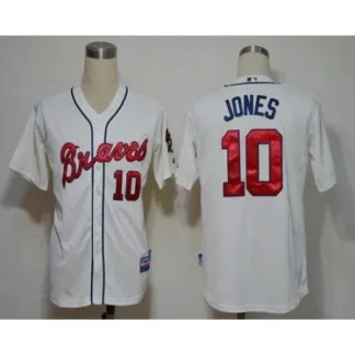 Men's Atlanta Braves #10 Chipper Jones Cream Cool Base Stitched MLB Jersey