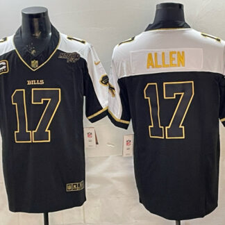 Men's Buffalo Bills #17 Josh Allen Black Gold 2025 F.U.S.E. With Bills Mafia Patch & 4-Star C Patch Vapor Limited F...