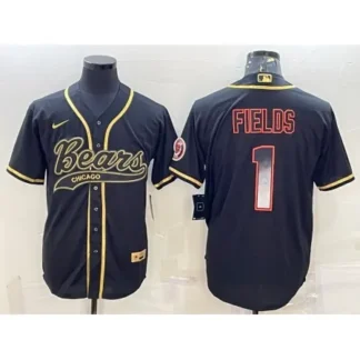 Breathable Men's Chicago Bears #1 Justin Fields Black Gold With Patch Cool Base Stitched Baseball Jersey WU1R for game day