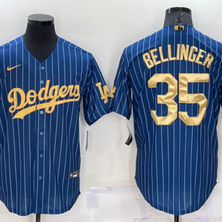 Men's Los Angeles Dodgers #35 Cody Bellinger Navy Blue Gold Pinstripe Stitched MLB Cool Base Nike Jersey