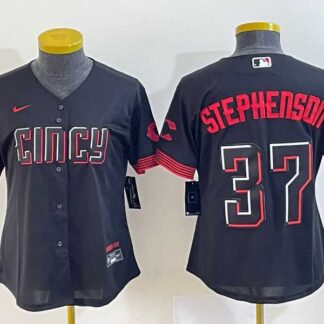 Women's Cincinnati Reds #37 Tyler Stephenson Black 2023 City Connect Cool Base Stitched Jerseys