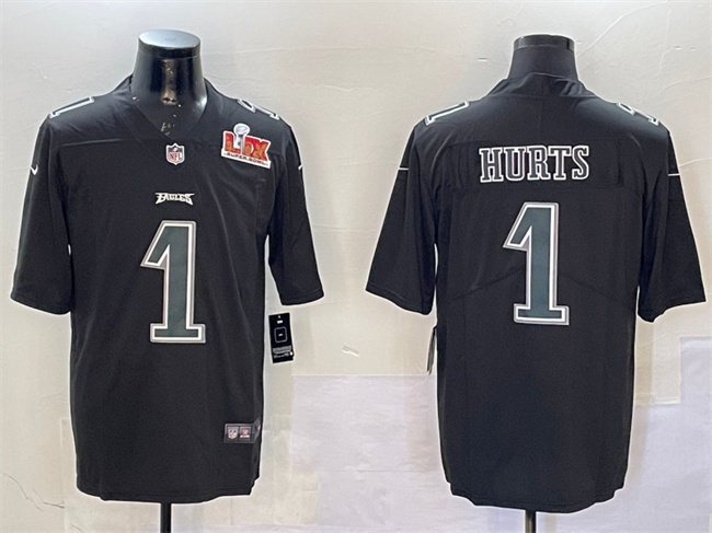 Men's Philadelphia Eagles #1 Jalen Hurts Black 2025 Super Bowl LIX Patch Fashion Vapor Untouchable Limited Stitched...