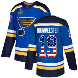 Men's St. Louis Blues #19 Jay Bouwmeester Blue Home Authentic USA Flag 2019 Stanley Cup Final Bound Stitched Hockey...