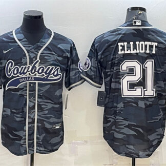 Men's Dallas Cowboys #21 Ezekiel Elliott Gray Camo With Patch Cool Base Stitched Baseball Jersey