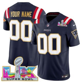 Men & Women & Youth New England Patriots Custom Navy 2026 Super Bowl LX Gold Trim F.U.S.E. Vapor Limited Stitched J...