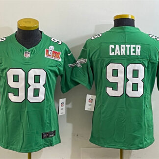 Women's Philadelphia Eagles #98 Jalen Carter Green 2025 Super Bowl LIX Patch F.U.S.E. Throwback Vapor Untouchable L...