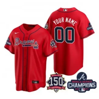 Breathable Men's Atlanta Braves ACTIVE Player Custom 2021 Red World Series Chimpions With 150th Anniversary Cool Base Stitched... for game day