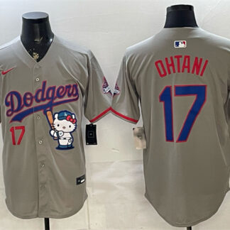 Men's Los Angeles Dodgers #17 Shohei Ohtani Grey Hello Kitty Night 2025 World Series Champions Patch Stitched Baseb...