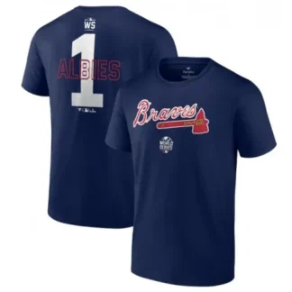 Men's Atlanta Braves #1 Ozzie Albies 2021 Navy World Series Bound Closer Name & Number T-Shirt