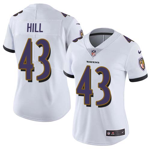 Nike Baltimore Ravens #43 Justice Hill White Women’s Stitched NFL Vapor Untouchable Limited Jersey