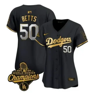 Women's Los Angeles Dodgers #50 Mookie Betts Black Golden 2025 World Series Champions Home Limited Jersey