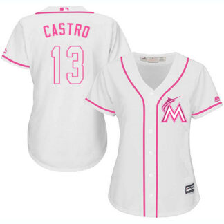 Miami Marlins #13 Starlin Castro White/Pink Fashion Women’s Stitched MLB Jersey