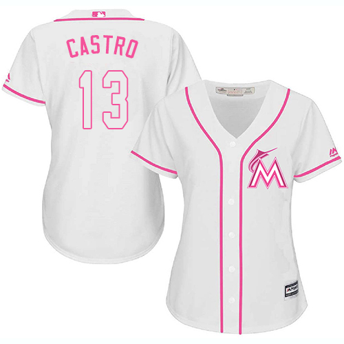 Miami Marlins #13 Starlin Castro White/Pink Fashion Women’s Stitched MLB Jersey