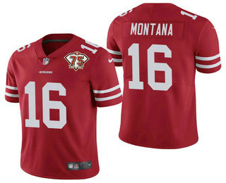 Men's San Francisco 49ers #16 Joe Montana Red 75th Anniversary Patch 2021 Vapor Untouchable Stitched Nike Limited J...