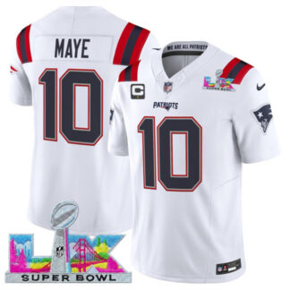 Men & Women & Youth New England Patriots #10 Drake Maye White 2026 F.U.S.E. Super Bowl LX Patch And 1-Star C Patch...