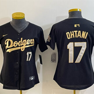 Women's Los Angeles Dodgers #17 Shohei Ohtani Black Gold 2025 World Series Champions Patch Limited Stitched Basebal...