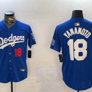 Men's Los Angeles Dodgers #18 Yoshinobu Yamamoto Royal 2024 World Series Patch Alternate Limited Stitched Baseball...