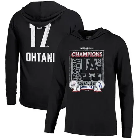 Men's Los Angeles Dodgers #17 Shohei Ohtani Threads Black 2025 World Series Champions Name & Number Lightweight Hoo...