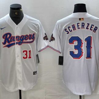 Breathable Men's Texas Rangers #31 Max Scherzer Number White 2023 World Series Champions Cool Base Jersey for game day