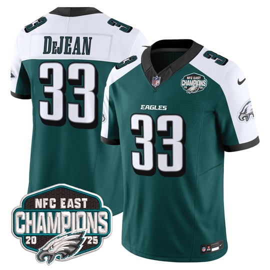 Men's & Women's & Youth Philadelphia Eagles #33 Cooper DeJean Green White F.U.S.E. 2025 NFC East Division Champions...