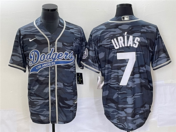 Men's Los Angeles Dodgers #7 Julio UrÃas Gray Camo Cool Base With Patch Stitched Baseball Jersey