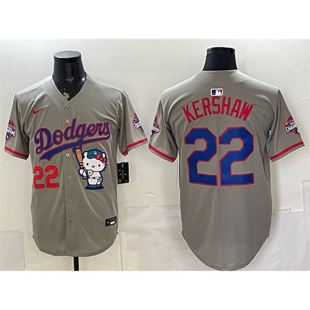 Youth Los Angeles Dodgers #22 Clayton Kershaw Grey Hello Kitty Night 2025 World Series Champions Patch Stitched Bas...