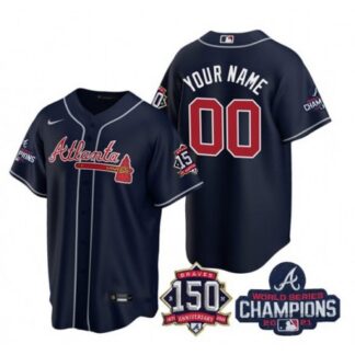 Men's Atlanta Braves ACTIVE Player Custom 2021 Navy World Series Chimpions With 150th Anniversary Cool Base Stitche...