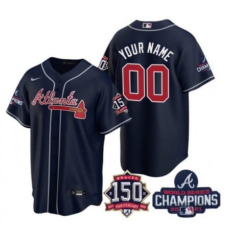 Men's Atlanta Braves ACTIVE Player Custom 2021 Navy World Series Chimpions With 150th Anniversary Cool Base Stitche...