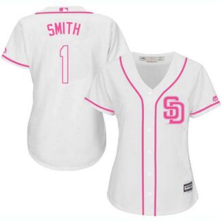 Women's San Diego Padres #1 Seth Smith White Pink New Cool Base Jersey