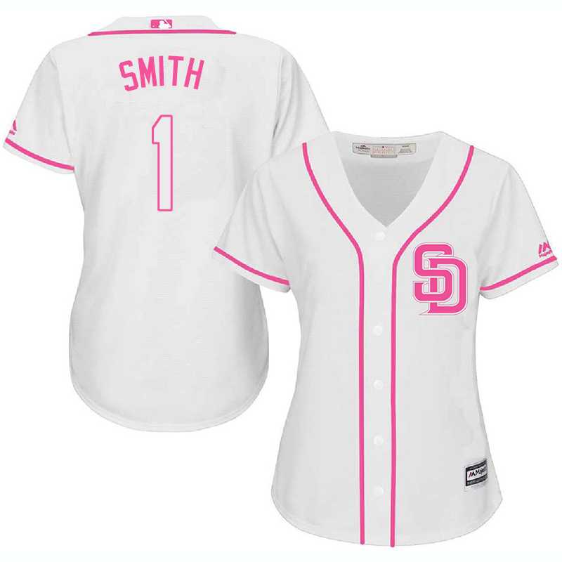 Women's San Diego Padres #1 Seth Smith White Pink New Cool Base Jersey